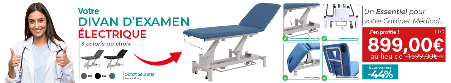 Divan d’examen électrique 3 coloris au choix – Table médicale ergonomique avec garantie 2 ans, idéale pour cabinets médicaux et paramédicaux.